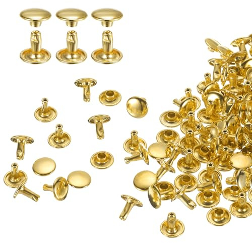 sourcing map 100 Sets Double Cap Leather Rivets, 9x8mm Round Cap Tubular Metal Studs Leather Crafting Rivets for Fabric Belt Pet Collar Boot Bag Repair and Decoration, Gold