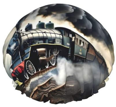 Cuffia da doccia riutilizzabile con stampa di treno a vapore nuvole per donne, cuffia per capelli a doppio strato, cuffia per capelli per adulti per tutti i capelli