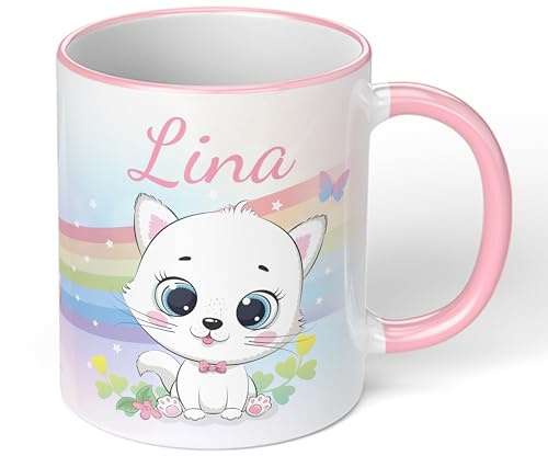Kinder-Tasse mit Namen „Weiße Katze mit Regenbogen-Motiv“ – personalisierte Tasse für Mädchen - rundum bedruckt – schönes Geschenk zu Weihnachten, Geburtstag