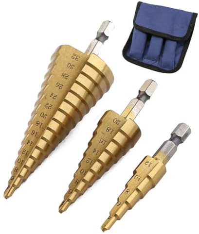 Step Drill Bits, 3PCS Steel Step Drill Bits Set - (4-12mm, 4-20mm and 4-32 mm) Cone Drill Bits Hole Cutter for Wood, PVC and Plastic