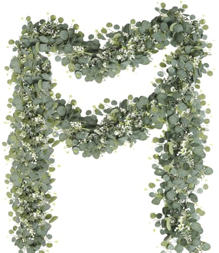 2 Stück Eukalyptus Girlande, Künstliche Girlanden Pflanze 180cm Hängend Blätter Weiße Blume Girlande Grün Eukalyptus Deko Blumengirlande Künstliche Pflanze Hängepflanze für Hochzeit Partys Türrahmen