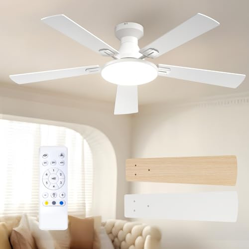 Passky Ventilatore a soffitto con luce silenzioso 132cm, Comando a distanza, Motore CC, 3 regolazioni di colore, Funzione estate-inverno, 6 velocità, Temporizzatore, Interno/esterno, Bianco