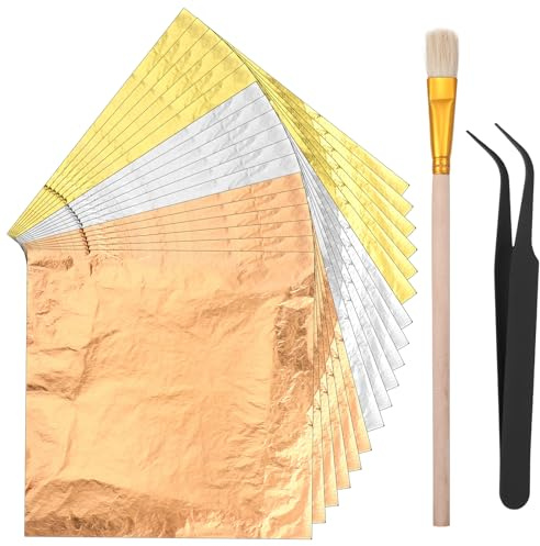 150 Pcs Gold Leaf Sheets, 14 x 14 cm Gold Foil Sheets with Tweezers and Gilding Brush Imitation Silver Leaf Sheet for DIY Craft Painting Resin Nails Gilding Bronzing (Gold, Silver, Rose Gold)