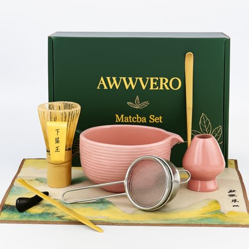 AWWVERO Matcha Set, Complete Matcha Kit with Bamboo Whisk, Ceramic Bowl, Spoon and Stand, Japanese Tea Ceremony Set for Cafe‑Style Matcha, Gift Ready (7, Pink)