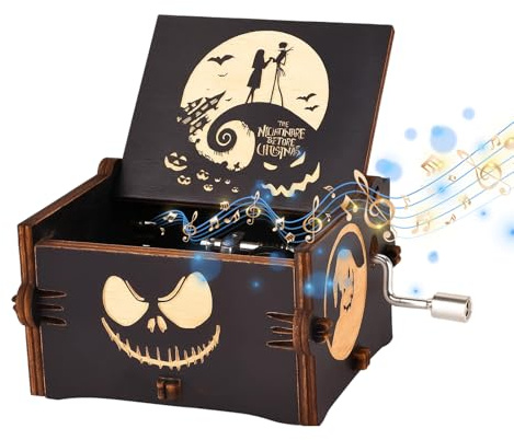 Music Box The Nightmare Before Christmas, Hand Crank Engraved Vintage Wooden Musical Box, Unique Gifts for Halloween Birthday Christmas, 6.4cm x 5.2cm x 4.2cm