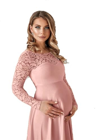 WJLYDM Vit chiffong spets mammaklänningar för fotografering, långa perforerade klänningar för moderskap, fotograferingstillbehör för gravida kvinnor(Pink,XL)