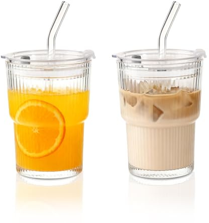 LOOFORE Iced Coffee Glass Cup with Straw and Lid 380ml 12oz - 2 Pack | Glass Tumbler, Clear Reusable Leakproof Drinking Glasses for Smoothies, Latte, Matcha, Beer, Cola, Juice, Soda, Cold Drinks