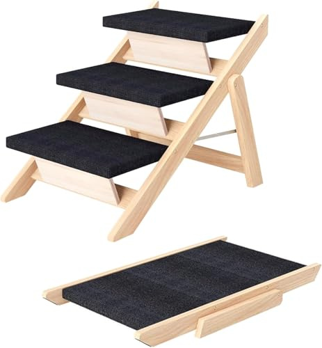 Scala e Rampa 2-in-1 per Animali Domestici in Legno, Pieghevole e Portatile per Cani di Piccola/Media Taglia e Gatti, Scala Antiscivolo per Letti Alti, Divani e Auto (60 * 50 * 40CM)