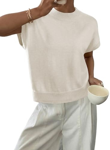 BLENCOT Womens Cap Sleeve Sweaters Summer Casual Short Sleeve Knit Tank Tops Loose Fit Crew Neck Pullover White M