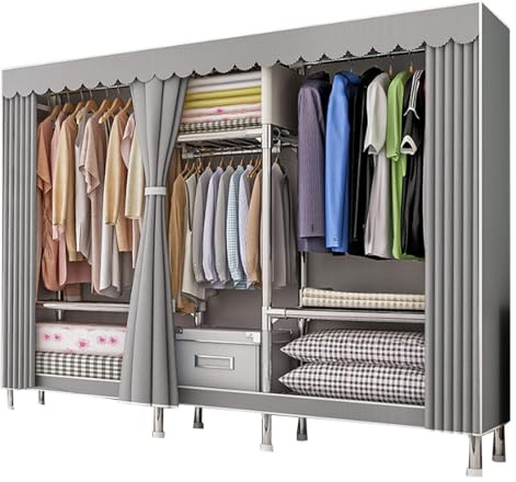 Bärbar tyggarderob med hängande skena och hyllor – 126 x 46 x 173 cm garderob för sovrum och vardagsrum förvaringslösningar – platsbesparande tyggarderob
