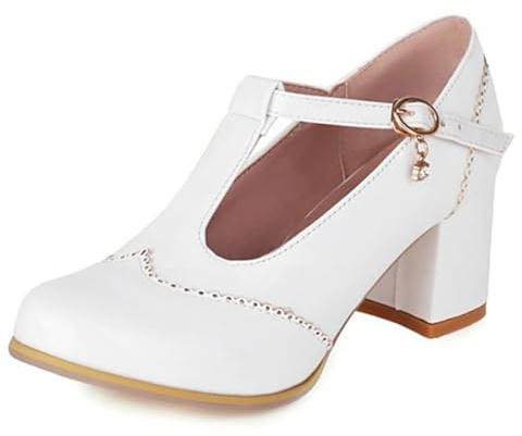 Mary Jane-skor med T-rem blockklack rund tå höga klackar slip-on för skola kontor och fritidskläder bekväma PU-överdelar, Vit, 34 EU