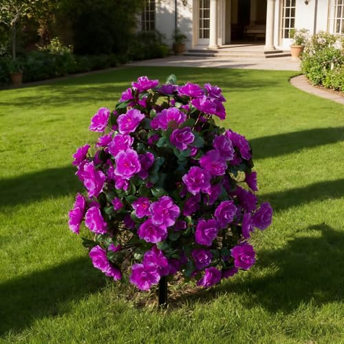 HSTEY Artificial Silk Flowers Azalea for Outdoor with Ground Spike, Spring Summer 23 Faux Floral Topiaries Ball Bushes Shrubs for Home Garden Yard Patio Decor UV Resistant (Purple)