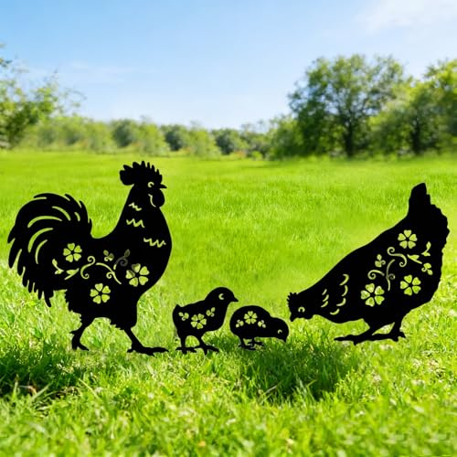 4 Stück Gartenfiguren Huhn Figuren Gartendeko für Draußen Gartenstecker Hahn Henne Metall, Gartenstecker Hühner Rost Gartenstatuen, Tier Garten Deko Outdoor Statue Stecker Aussen Gartendekoration (A)