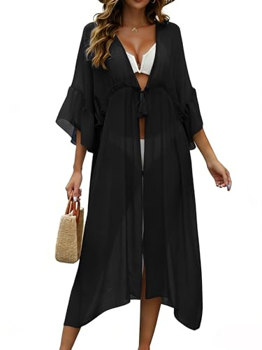 Koerye Copricostume Mare Donna Elegante Kimono Lungo Abito da Spiaggia Vestiti da Spiaggia Lunghi Prendisole Bikini Cover Up Estivo Scollo a V Costume da Bagno Nero