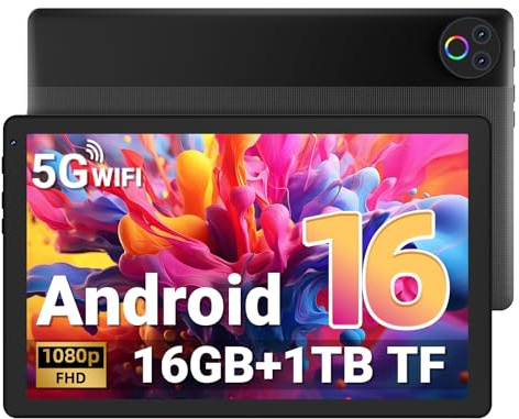 Gleeso Tablet｜Android 16 Tablet 10 Inch｜16GB RAM 1TB TF Android Tablets with Face Unlock｜Widevine L1｜BT 5.4/5G WiFi｜5MP Dual Camera, OTG Tablet PC - Black