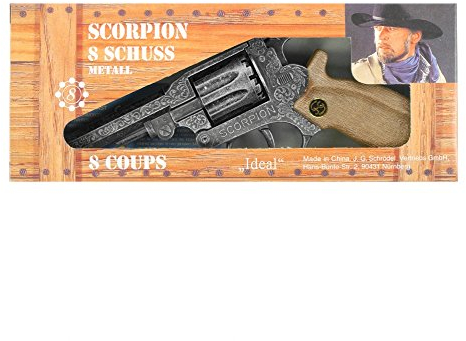 J.G.Schrödel Scorpion antik: Leksakspistol för tändplatta ammunition, i låda, lämplig för cowpojkar och sheriffs, 8 skott, 22 cm, grå/silver (106 8278)