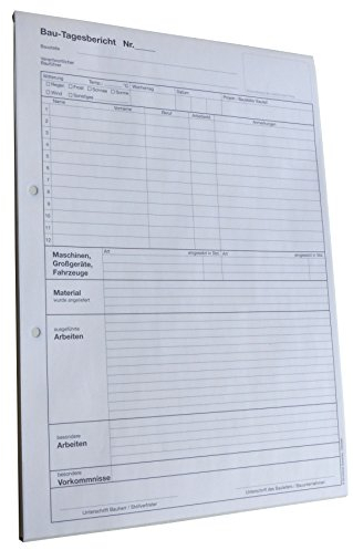 Druckerei Scharlau 5x Bau-Tagesbericht, Baubericht DIN A4, 2-fach selbstdurchschreibend, 2x50 Blatt weiß/gelb - gelocht (22235)