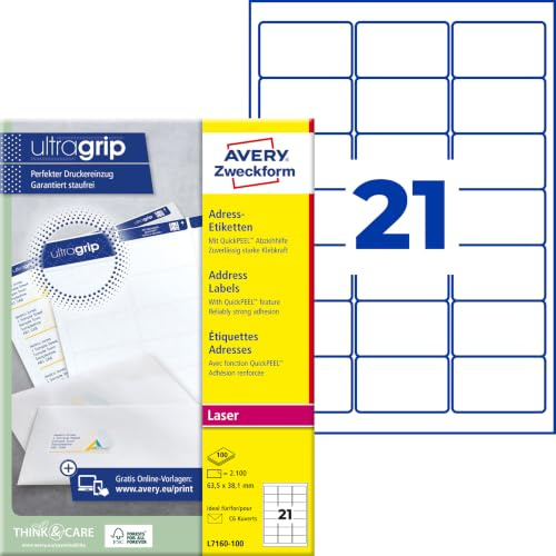 Avery Zweckform, L7160-100, 100 fogli, Etichette indirizzi per buste formato C6, 63,5 x 38,1 mm