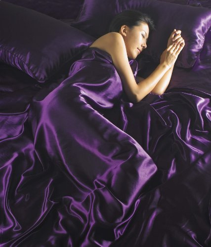Intimates Satin Aubergine, Purple, Plum Plain Double Bed 6Pce Complete Bedding Duvet Cover, Fitted Sheet & 4 Pillowcases Set