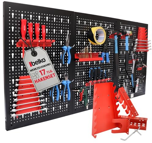 Panorama24 Werkzeuglochwand aus Metall mit 17tlg. Hakenset, ca. 120 x 60 x 1,5 cm, Werkzeug-wand Loch-wand für Werkstatt, Rot