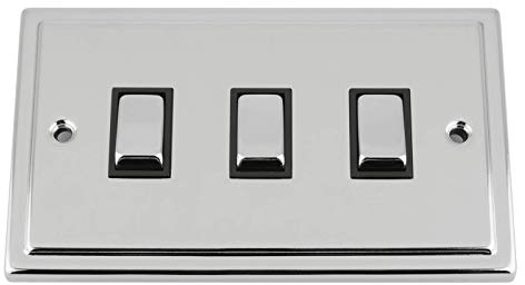 TRIMLINE Polished Chrome Switch 3 Gang Black Insert Metal Rocker Switch (Double Plate)