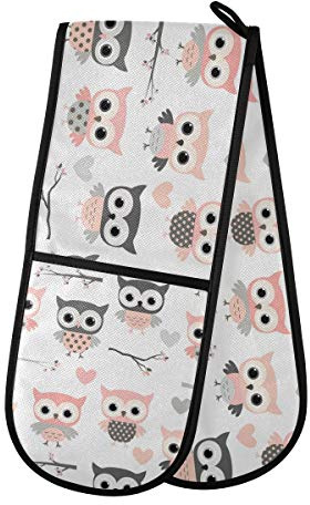 ZZXXB Lovely Owl Double Oven Mitt Heat Resistant Non-Slip Kitchen Gloves Extra Long 7 x 35 for Cooking Baking Barbecue Grilling