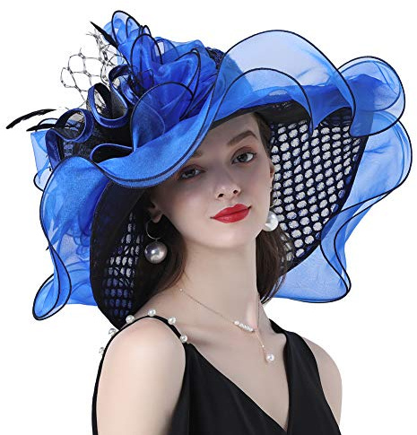 Go Mai Ladies Sun Hat with Mesh Flower Decoration Wide Brim Hat Occasion Event Organza Fancy Church Dress Hat Blue