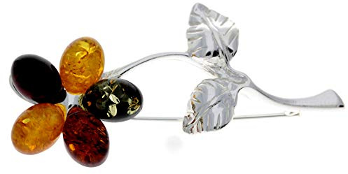 Broche de flor exclusivo de ámbar báltico y plata de ley – AA801, Resina, Ámbar