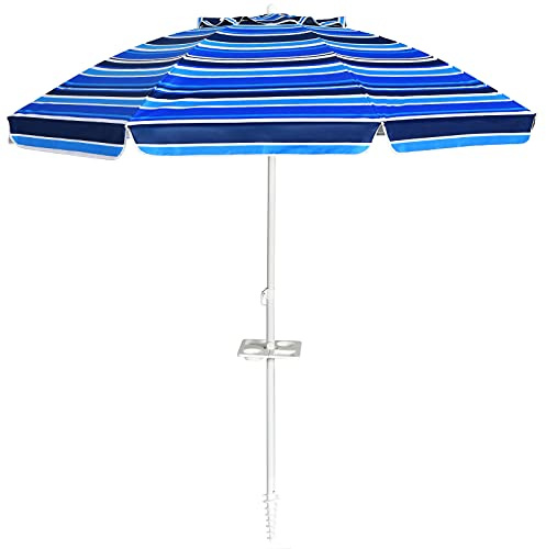 COSTWAY 200 cm Sonnenschirm Strand, Strandschirm windfest stabil | Getränkehalter, UPF 50+, 30° knickbar, Gartenschirm mit Erdspieß, Sonnenschutz für Balkon, Garten, Terrasse