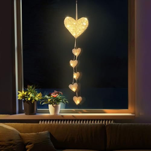 Lewondr Hängelampe, Rattan-Herz Lichterkette Innen-Deko | Batteriebetriebene Fensterleuchten mit Timer für Valentinstag, Zimmer- und Partydekoration, weiß