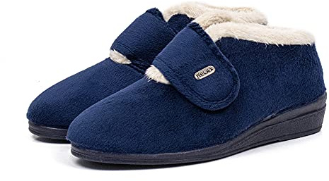 CoboFamily Botines Casa Mujer Invierno, Zapatillas Casa Cómodas, Botas Paño Cuña, Suela Caucho Made IN Spain (39,295Marino)