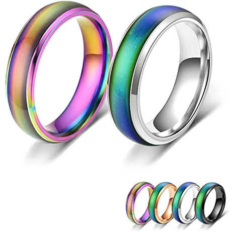 Bymivofun 2 Piezas Anillos de Estado de Ánimo, Anillo de Humor, para Novio, Novia, Fiesta Diaria, Cumpleaños, Día de San Valentín, Aniversario (Plata, Arco Iris, 61 (19.8))