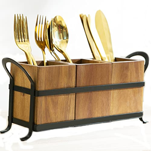NelyBet Utensilienhalter mit 3 Fächern, Besteckhalter aus Holz, Besteck-Organizer mit Metallablage, rustikale Küchenutensilien, Aufbewahrungsbox, für Bauernhaus, Küchendekoration und Arbeitsplatte