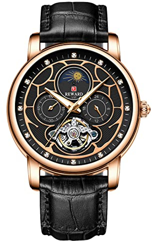 rorios Mode Herren Automatikuhren Tourbillon Mechanische Armbanduhr mit Lederband Wasserdicht Mondphase Uhren für Männer Herren
