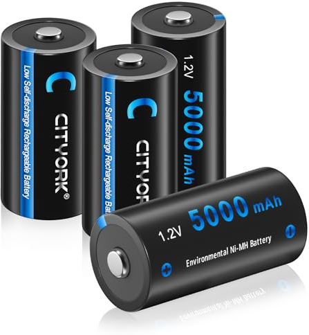 CITYORK 4 batterie ricaricabili C da 5000 mAh, NiMH ad alta capacità e scatola di immagazzinaggio, per torce a LED, giocattoli per bambini e altro ancora