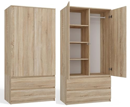 CDF Wardrobe 2 Doors 2 Drawers Bedroom Furniture with Hanging Rail 4 Shelves 50x90x180 cm - Sonoma Oak - Modern Garderobe Wardrobe for Bedroom Hall Garderobe Easy Installation - Push-to-Open