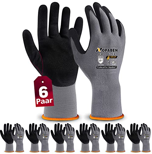 6 Paar Arbeitshandschuhe mit grip herren, mit Rutschfeste Nitril-Beschichtung Mechaniker Handschuhe, Montagehandschuhe mit optimaler Griffigkeit & feinem Tastgefühl, gartenhandschuhe damen, Größe 8/M