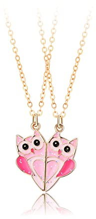 Pwsap Beste Freunde für Immer Halsketten, Freundschaft Rosa Eulen Anhänger Halsketten, Mädchen BFF Magnetische Halskette Gold, Valentinstag Schmuck Geschenke für Kinder Mutter Schwestern Freunde