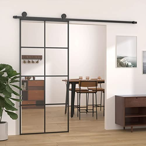 Homgoday Porta Scorrevole Nera 90x205 cm in Vetro ESG e Alluminio, Porta Scorrevole Interna, Porte da Interno, Porte Scorrevoli Interno Esterno