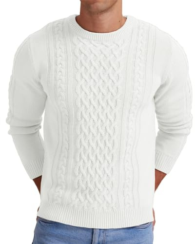 Hisir Men's Winter Thick Cable Knit Jumpers Casual Crew Neck Warm Long Sleeve Pullover Sweater Tops for Men