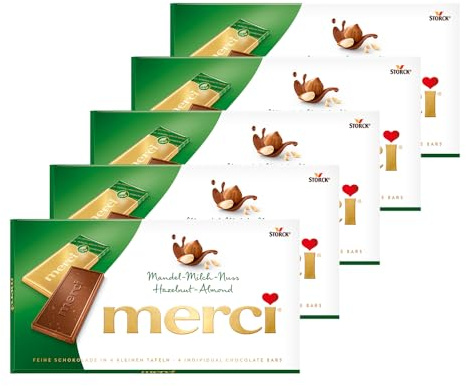 merci Tafelschokolade Mandel-Milch-Nuss – 5 x 100 g – Feinste Täfelchen aus Edel-Vollmilchschokolade mit Haselnuss- und Mandelstückchen – Schokolade in Goldpapier verpackt