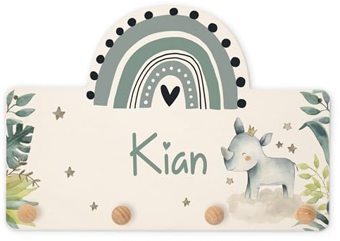 Kidsmood Personalisierte Wand-Garderobe mit Wunschnamen, Kleiderhaken aus Holz mit süßem Tier-Motiv für Babyzimmer, individuelle Garderobenleiste für Kinderzimmer