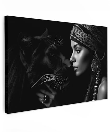 MuchoWow© Wandbilder Groß XXL Schlafzimmer Home Deko Wohnung Bild | 120x80 cm - Wohnzimmer Fotoleinwand Wand Bilder Leinwand Wall Decor Frau - Panther - Tiere - Schwarz und weiß - Porträt