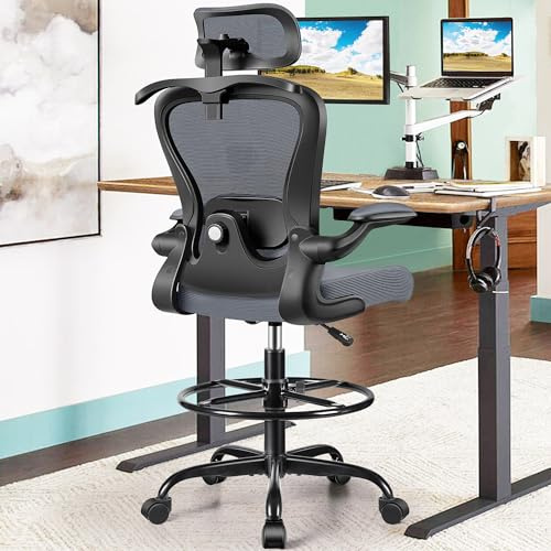 Zeichenstuhl, hoher Bürostuhl mit 3D-Lenden- und Kopfstütze, ergonomischer Netz-Stehstuhl mit Fußstütze, bequemer, erweiterter Hochschreibtischstuhl mit Klapparmen und Aufhänger, Dunkelgrau