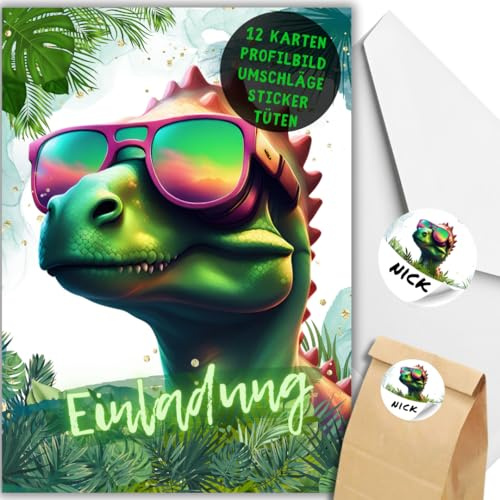 celebr8te 12x Dino Einladungskarten - Für den Kindergeburtstag von Jungen & Mädchen - Coole Party Dinosaurier Geburtstagseinladungen +12 Umschläge +24 Sticker +12 Geschenktüten