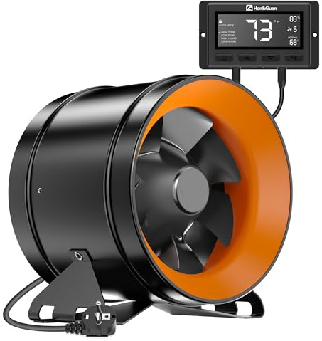 Hon&Guan 200mm EC Rohrventilator mit Temperatur- und Feuchtigkeitsregler, 1411m³/h Rohrlüfter mit EU-Stecker für Growzelt Gewächshaus Aktivkohlefilter HVAC