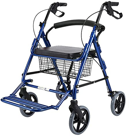 Rollator mit Ledersitz und großen 8-Zoll-Rädern und Bremsen und Fußstütze, zusammenklappbar für Senioren/Behinderte, Gehhilfe für jedes Gelände (Farbe: Rot), Dekoration (Blau)