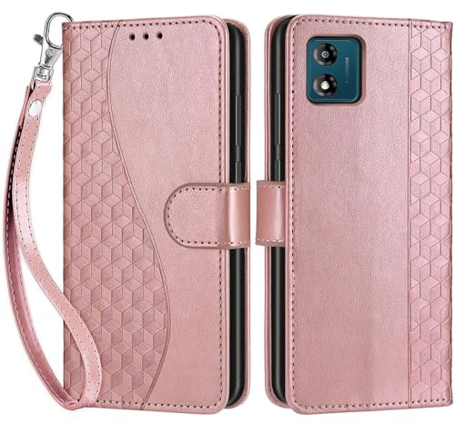 SIENIANLINE Funda para Motorola Moto E13 PU Cartera Flip Cubo - Oro Rosa | Funda flip de piel PU, Ranuras con Tarjetas, Cierre Magnético, Función Atril，Estuche Flip para Moto E13
