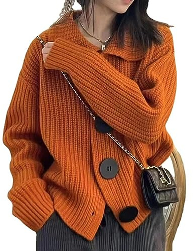 JASCLS Women's Trendy Color Block Striped Open Front Oversized Mid-Long Cardigan Sweaters for Women Orange