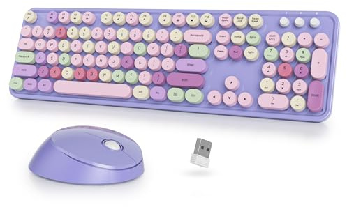 SbocKeeb Cute Teclado y Ratón Inalámbrico, Vistosa de Máquina de Escribir Teclado Retro con Teclas Redondas,2.4GHz Fullsize,Americano QWERTY